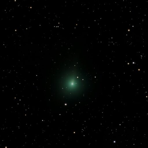 A green comet glows in the starry night sky.